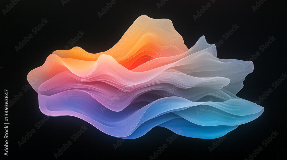 Poster a surreal composition of iridescent rainbow waves cascading across a dark background, creating a