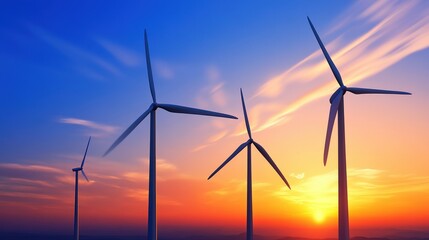 Fototapeta premium The image showcases several wind turbines against a vibrant sunset, symbolizing renewable energy and sustainable technology.
