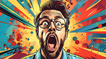 A shocked young man with a beard, wearing glasses, expresses astonishment against a colorful, dynamic background.
