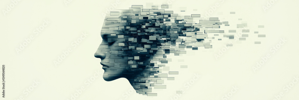 Poster an abstract futuristic bust, where smooth skin transitions into a fragmented matrix of floating