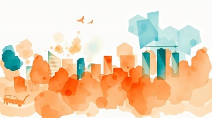 Cityscape Watercolor: A vibrant watercolor illustration showcasing a modern cityscape with a blend of abstract and architectural elements, creating a visual representation of urban life.