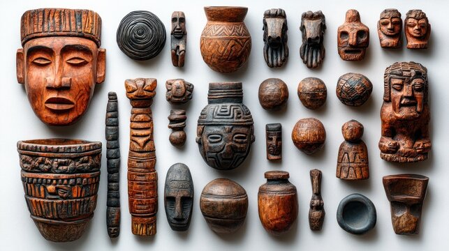Ancient Mayan Artifacts: A Collection of Intricately Carved Wooden Sculptures