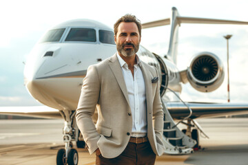 Stylish Caucasian man in a beige suit stands confidently in front of a luxury jet, embodying success and sophistication.