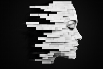A monochrome conceptual image of an abstract face composed of small, glossy mosaic tiles,