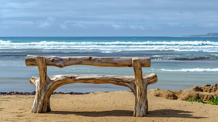 Fototapeta premium Rustic wooden bench on sandy beach overlooking ocean waves