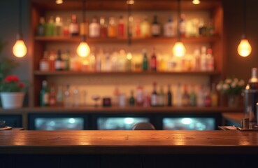 Blurred bar counter with shelves of bottles and hanging lights. Wooden table in front, modern pub or restaurant interior. Nightlife concept. Drinks, beverages, alcohol drinks. Copy space for design.