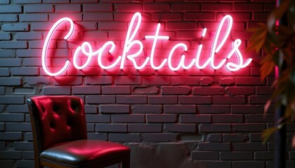 Neon cocktails sign glowing on a brick wall background  