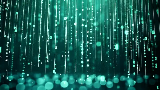 Abstract digital background featuring cascading binary code and glowing particles