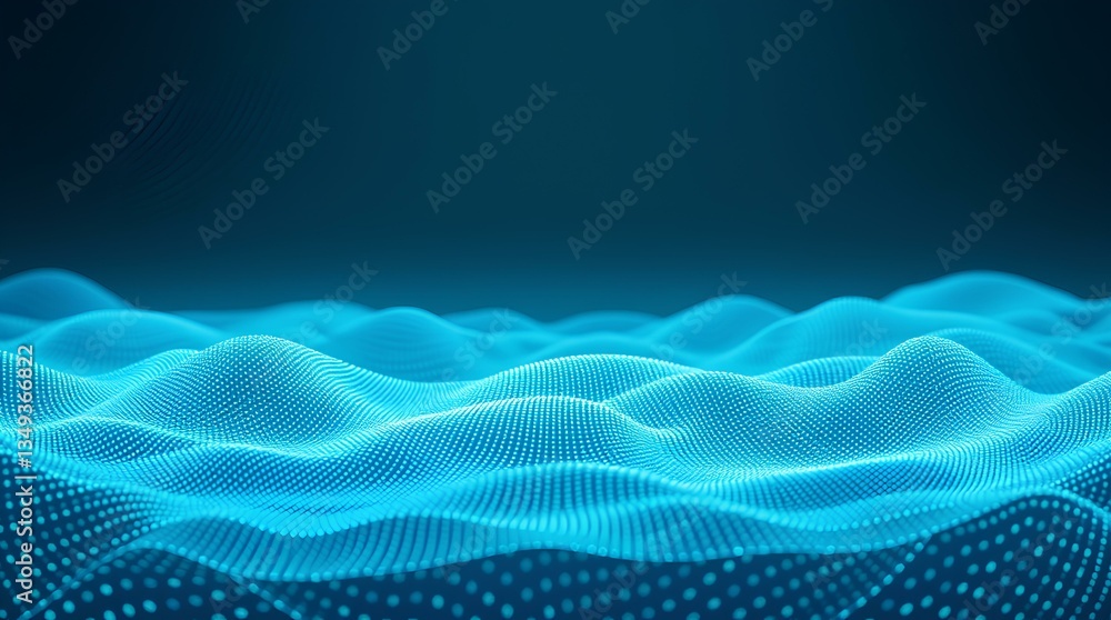 Poster futuristic digital blue wave pattern on a dark background, showing smooth light lines and abstract m