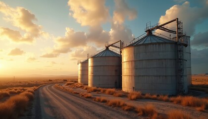 Obraz premium Storage silos, grain tanks at sunset. Industrial structures stand in field near highway. Road leads to industrial complex. Farming, agriculture, food processing, and global economy concepts.
