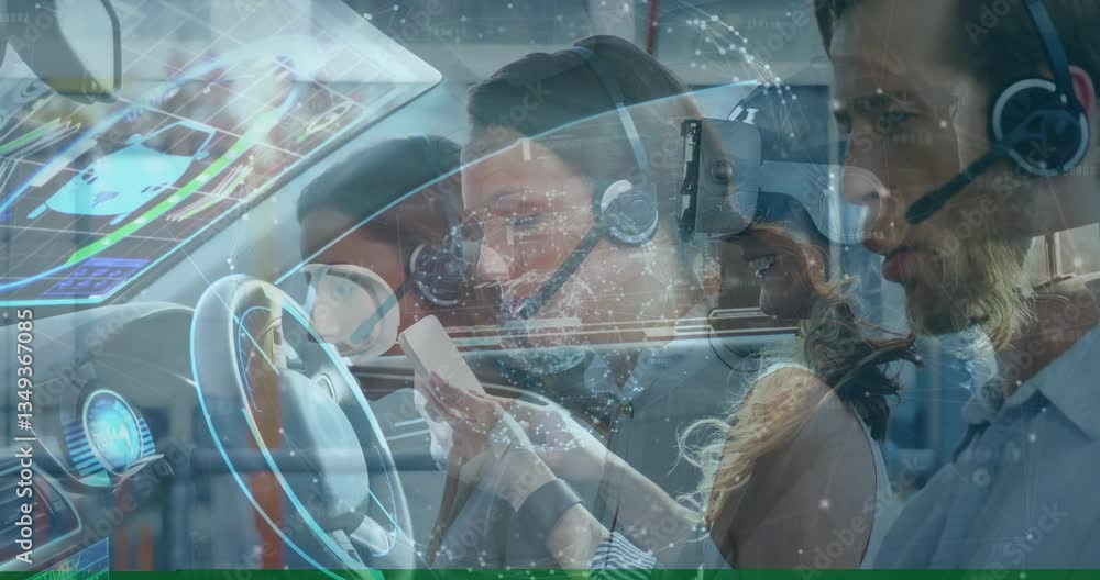 Poster using vr headsets, people interacting with futuristic car dashboard and interface