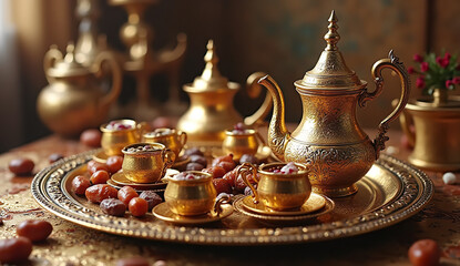 Golden teapot and cups with dates and sweets on decorative tray, creating warm and inviting atmosphere for Ramadan celebrations