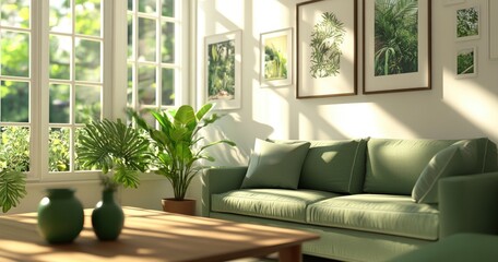 Sunny living room with green sofa, plants, and art prints