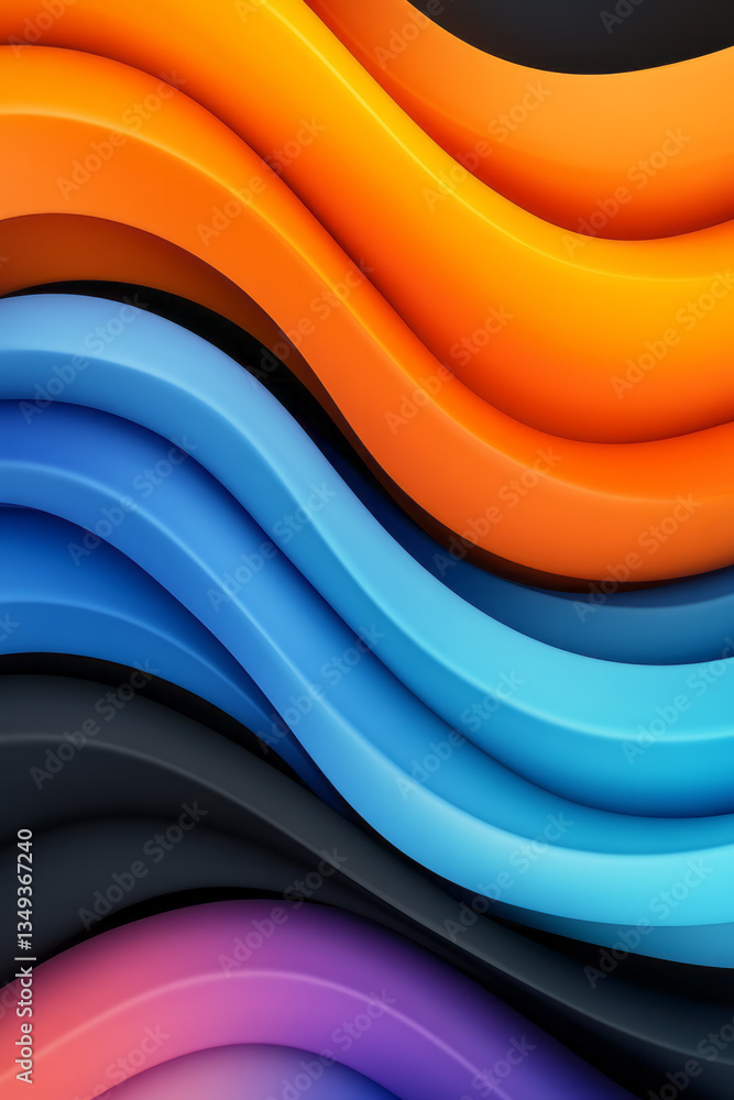 Poster a minimalist yet bold glossy swirl where deep black curves intertwine with smooth blue and orange