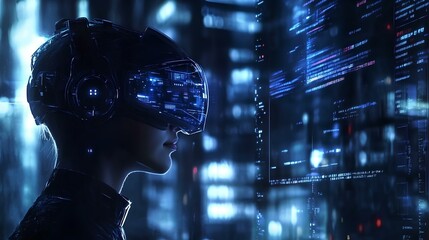 Futuristic hacker in a dark room, wearing a high-tech headset, hacking into a digital system, ultra HD