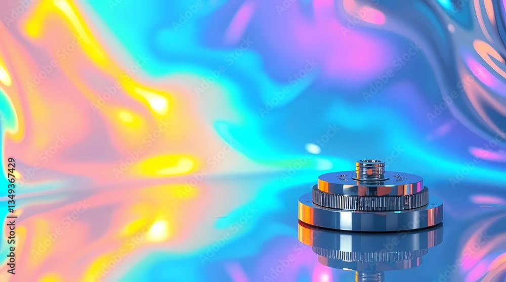 Poster illuminated device on holographic backdrop: an intricate device sits centered, illuminated, and disp