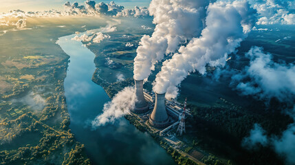 Fototapeta premium Nuclear power plant releasing huge clouds of smoke near a river