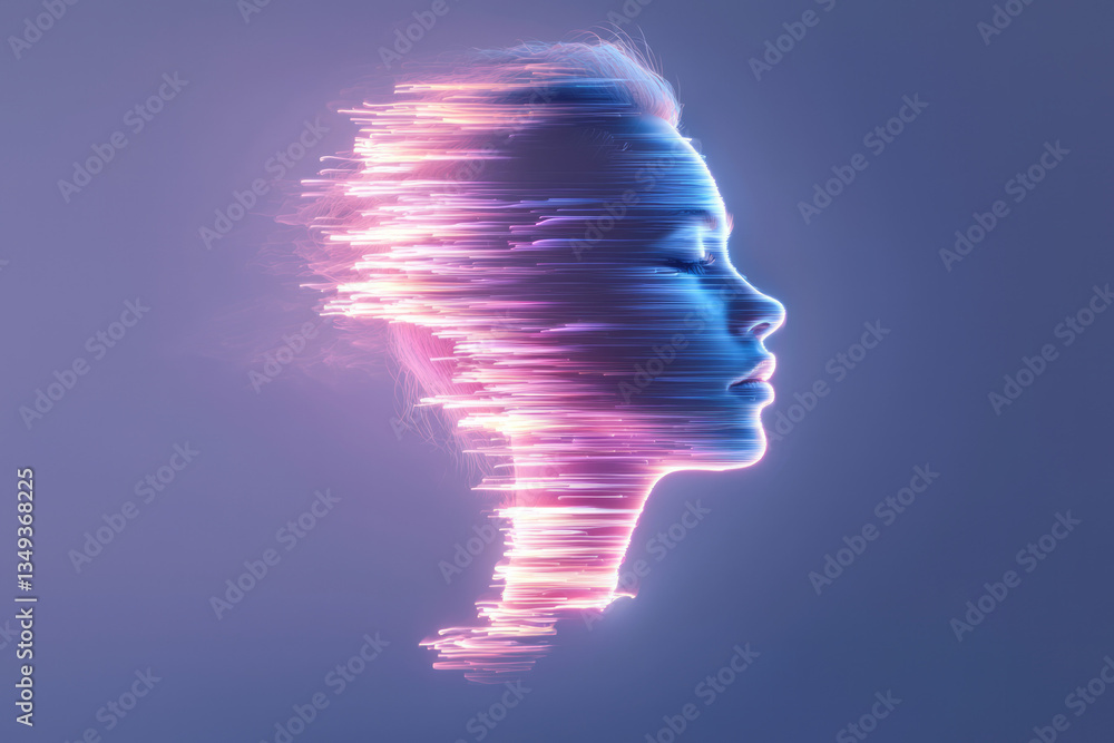 Poster an ethereal abstract human profile made of soft neon light, barely distinguishable from the