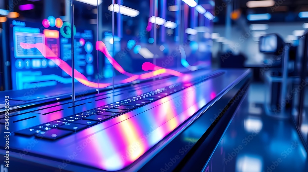Poster digital realm's keyboard: futuristic keyboard with glowing lines, technology abstract concept in vib