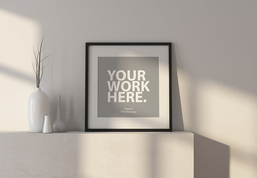 Square art poster frame mockup with passepartout standing in room with shadows from window