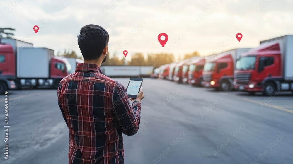 Poster man using tablet to track fleet of delivery trucks.