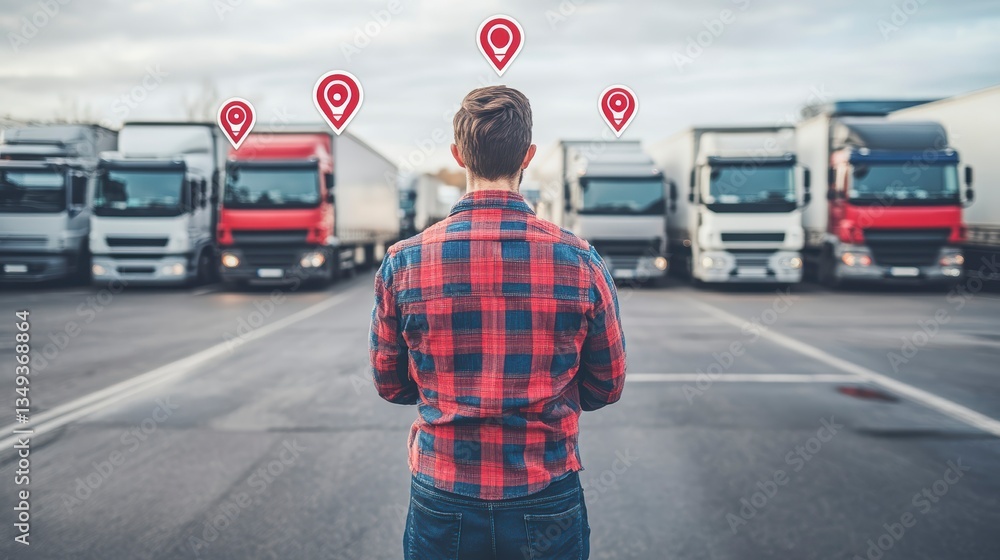 Poster man using gps app to track fleet of semi-trucks in parking lot.