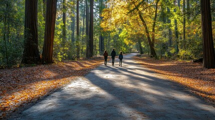 Family strolls sun-dappled path, autumn leaves under tall trees
