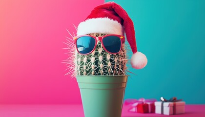 Funky Pop Art Christmas In Summer: Santa Cactus With Sunglasses And Santa Claus Hat In Bright Pastel Colors - Cool Holiday Creative Concept