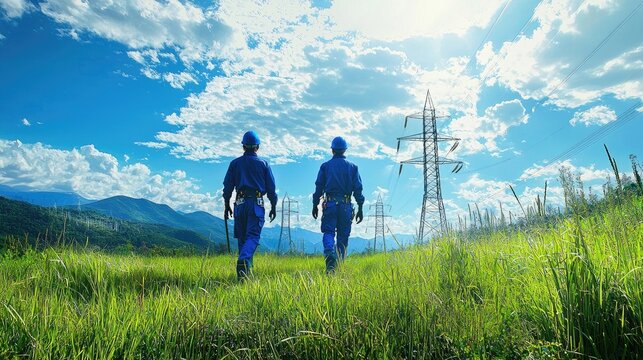 national geographyï¼Œ Realistic photo style, two workers wearing blue work clothes and blue helmets walking on the grass, with mountains and power 