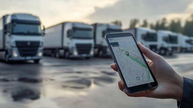 Hand holding smartphone displaying GPS tracking app with fleet of trucks in background.