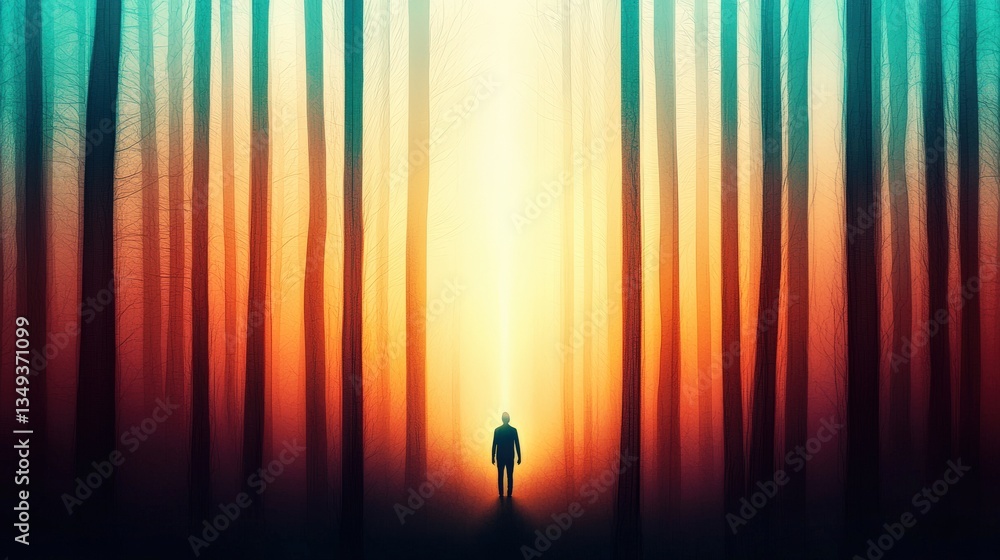 Poster a man stands in a forest with trees in the background