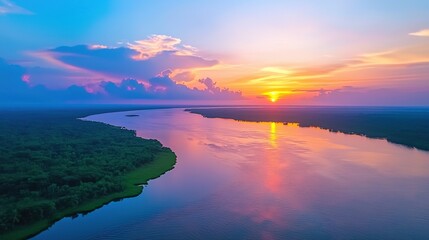 Fototapeta premium A serene sunset over a winding river, surrounded by lush greenery, reflecting vibrant colors on the water's surface.