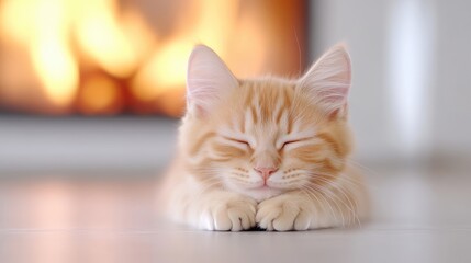 Obraz premium Cozy kitten resting near a fireplace. 