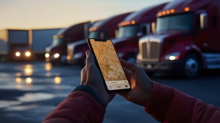 Person uses phone GPS app to track semi-trucks at dusk.