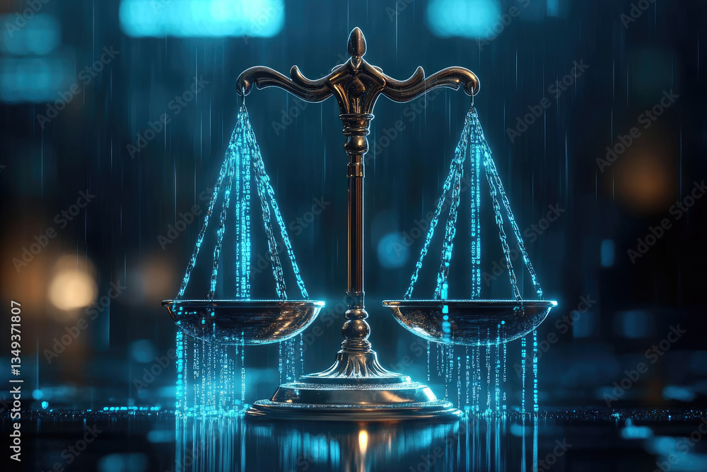 Poster exploring the intersection of binary code and legal scales an illustration of digital privacy law in