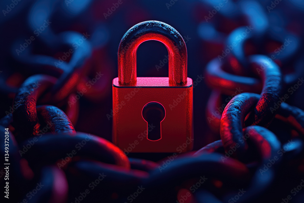 Poster locking down cybersecurity an illustration of intertwined digital chains in a secure environment fro