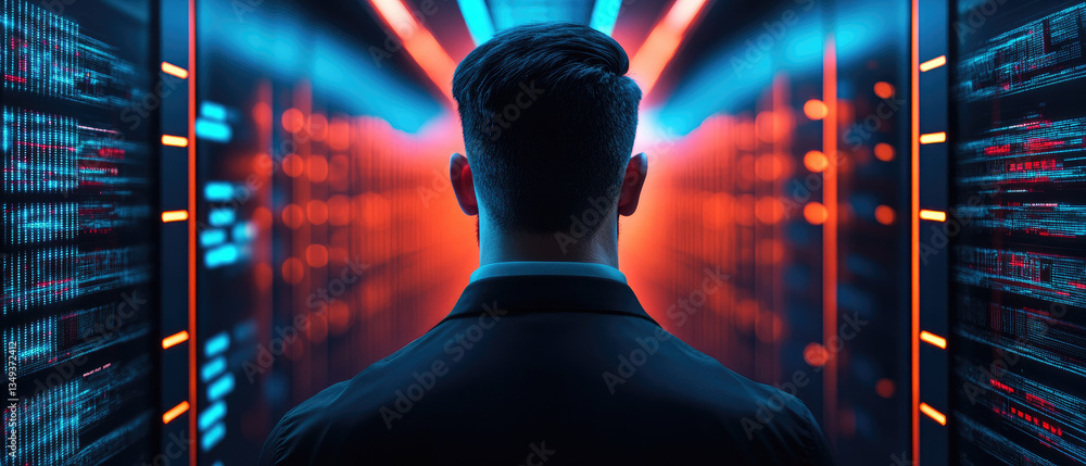 Poster cyber security expert evaluating privacy risks in holographic data streams analyzing modern technolo