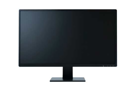 Modern black computer monitor with sleek stand on a minimalist background for tech and office use