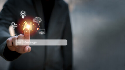 Chatbot Chat with AI, Artificial Intelligence. man using technology smart robot AI, artificial intelligence by enter command prompt for generates something, Futuristic technology transformation.