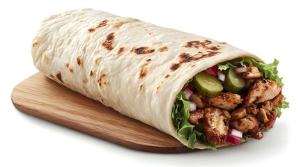 Halal chicken shawarma wrapped in a soft flatbread, filled with crunchy pickles, fresh lettuce, and drizzled with garlic sauce, vibrant colors.