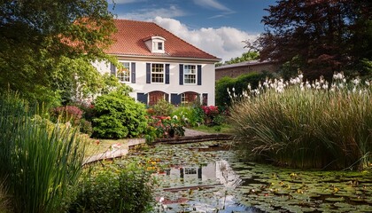 A serene garden with a pond filled with lily pads and tall reeds, leading to a charming colonial-style house with a red-tiled roof. Lush greenery and vibrant flowers surround the peaceful setting
