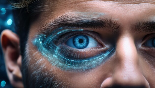 Futuristic Cybernetic Vision: A High-Tech Glowing Augmented Reality Interface Enhancing Human Eyes with Digital HUD Elements and Sci-Fi Aesthetics in a Cyberpunk-Inspired AI-Driven World