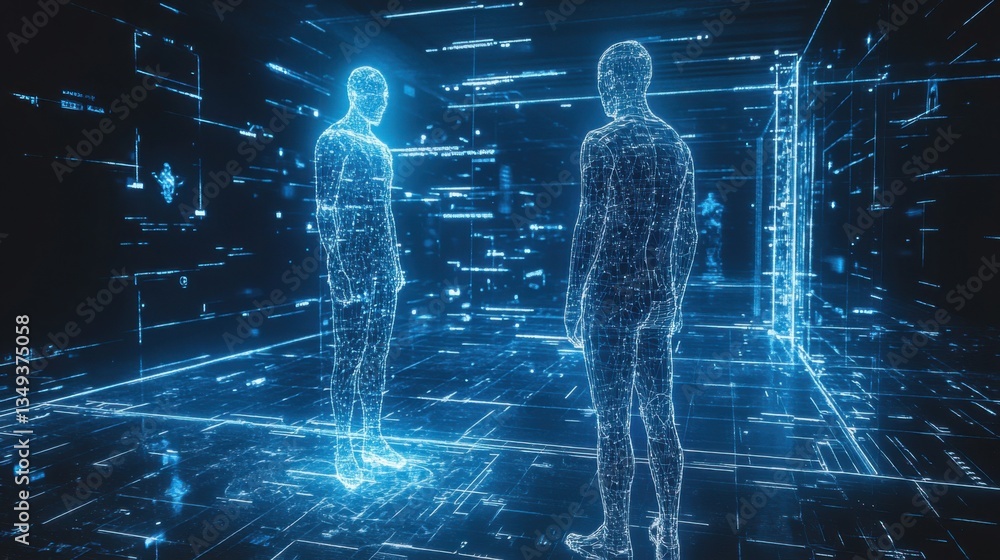Poster digital business figures networking in a glowing blue environment