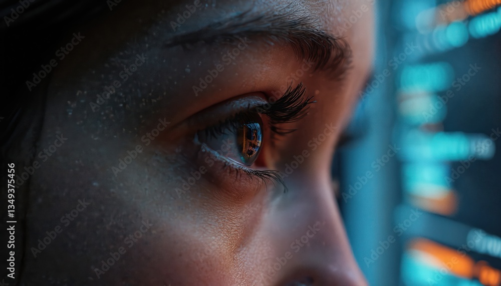 Poster Close-up of person eye looking at computer screen. Programming code reflected in iris. Eye is open, reflecting tech environment and cyberspace. Coding, data, cyberspace, digital tech and IT.