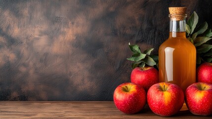 Apple cider vinegar wellness and metabolism, A bottle of apple cider surrounded by fresh red apples on a rustic wooden surface with a textured brown background.