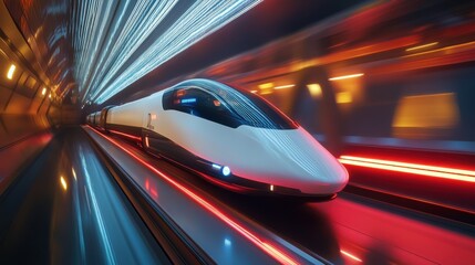 Obraz premium High Speed Train Moving Through Illuminated Tunnel at Night