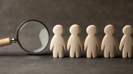 Exploring human resources management through a wooden mannequin and magnifying glass in recruitment practices