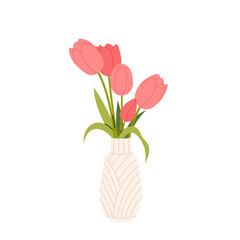 Pink tulips. Bouquet of tulips in an elegant vase. Flat illustration spring flowers for cards, invitations, greetings, prints. Interior Decor.