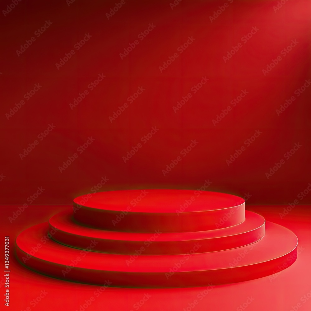 Poster threetiered red circular platform against a red background product display stand minimalist stage se