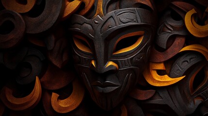 Naklejka premium Mystic ceremonial mask in dark textured stone relief with gold accent